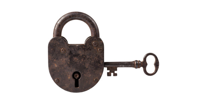 Old rusty padlock with vintage key on transparent background