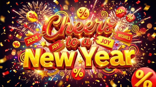 Celebratory new year greeting with sparkling confetti with glowing color scheme 2024 celebrations confetti fireworks discount showcases vibrant festive