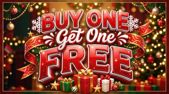 Vibrant holiday buy one get one free gift promotion banner with festive decorations with showcases bold promotional banner with holiday deal glittering