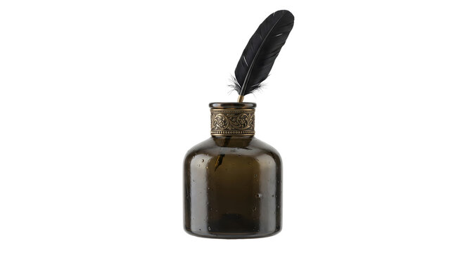 Vintage glass inkwell with black feather quill pen