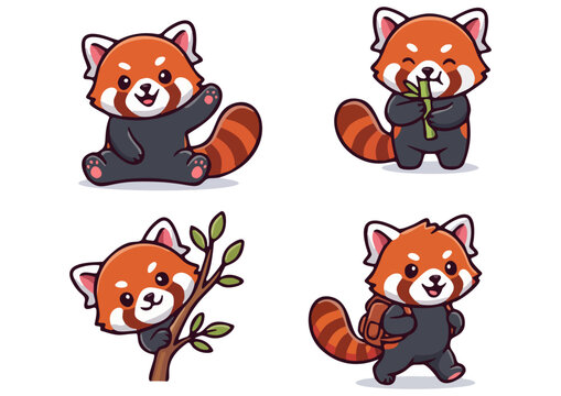 ute Red Panda Vector Character Set in Various Poses - Cartoon Mascot Sticker Design