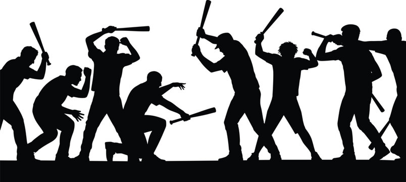 Violent mob attack silhouettes showing group of people fighting with sticks and clubs, riot conflict scene, crime and aggression concept illustration