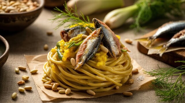 A national dish of Italian cuisine. 
Pasta con le sarde &mdash; spaghetti with fresh sardines, wild fennel, raisins and roasted pine nuts.