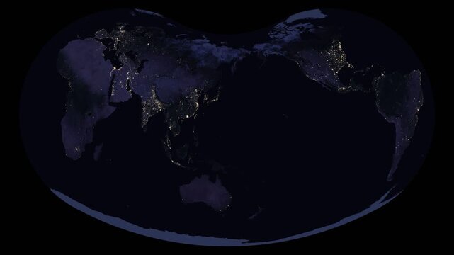 Hill eucyclic world map projection. Animated texture of Earth's night.
