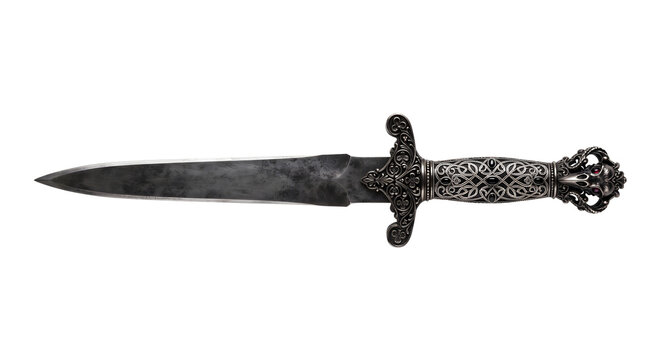 Gothic ceremonial dagger with ornate handle and raven skull pommel
