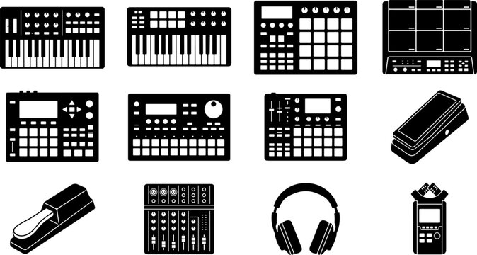 Music production gear and studio equipment icon set featuring black glyph vector icons