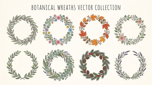 Set of hand drawn botanical wreaths and floral frames