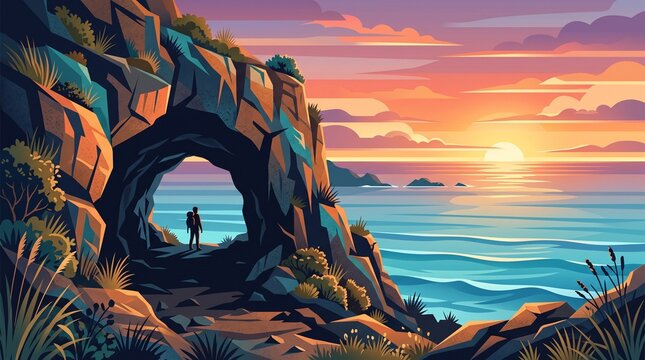 Hiker standing in coastal cave arch looking at ocean sunset vector