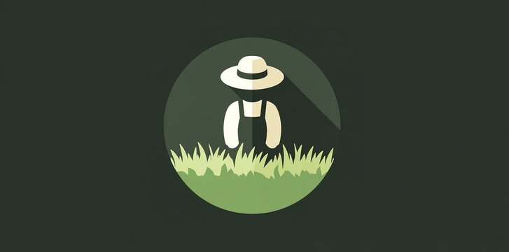 Farmer icon with straw hat and grass in a circle