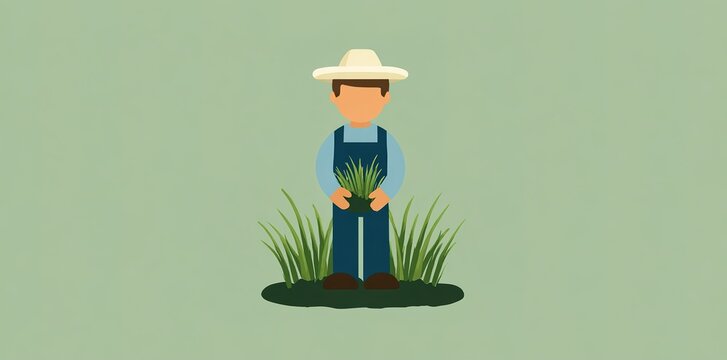 Farmer character wearing overalls and holding a young plant