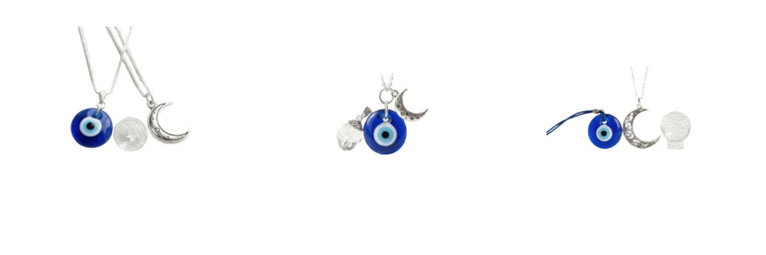 Set Evil Eye Necklaces Silver Moon Pendants Blue Amulets Clipart Digital Download Set Protection Jewelry Graphic Illustration Vector Design Elements High Quality Transparent Background