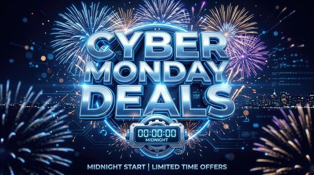 Digital countdown celebration cyber monday special offers midnight launch with countdown timer set midnight against cityscape background showcases futuristic digital