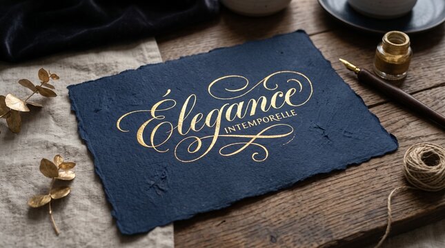 Gold foil calligraphy on dark blue handmade paper