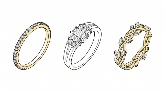 a set of three vector illustrations of gold and silver diamond engagement and wedding rings