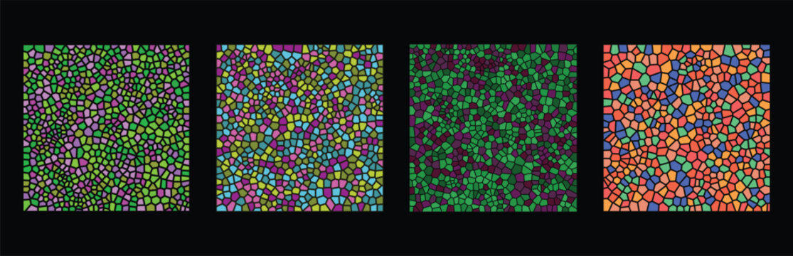 Set of four colorful mosaic patterns with abstract geometric shapes and stained glass texture in square frames for modern digital art background designs and creative graphic projects Vector