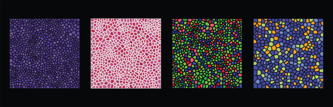 Set of four colorful mosaic patterns with abstract geometric shapes and artistic textures for modern design backgrounds and digital art projects Vector