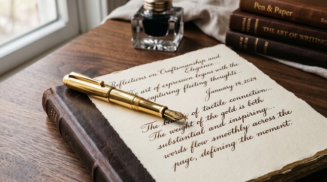 Gold fountain pen on vintage paper with handwritten calligraphy