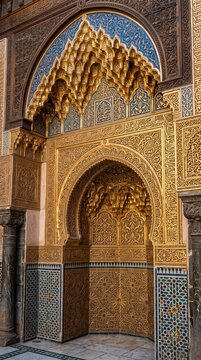 Intricate golden Islamic architecture archway with mosaic tiles