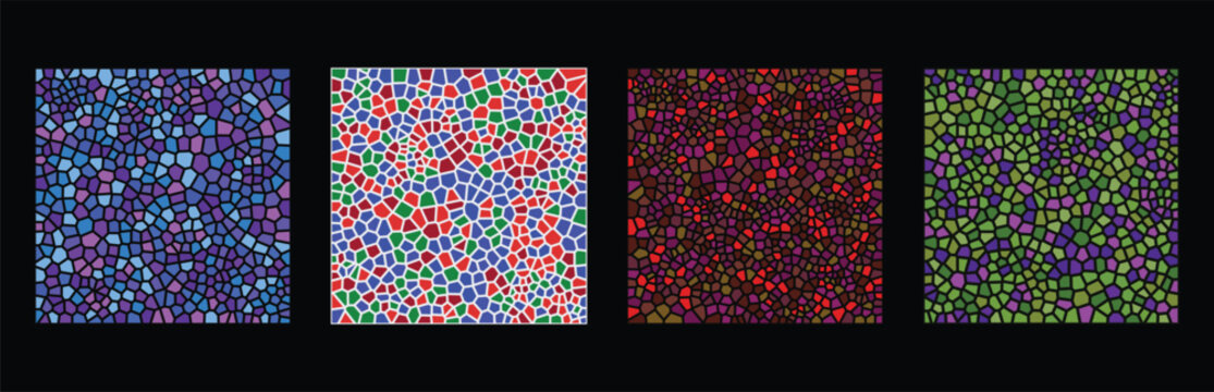Set of four colorful mosaic patterns with stained glass style geometric shapes in dark blue red and yellow color themes for creative graphic design backgrounds and textures Vector