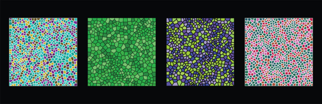 Set of four colorful mosaic patterns with abstract geometric shapes and various vibrant color combinations for creative design projects and digital background textures Vector