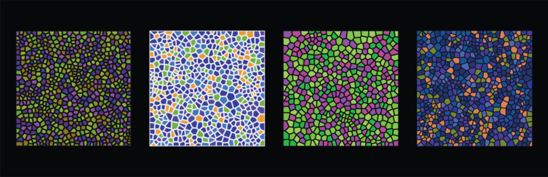 Set of four colorful mosaic patterns with geometric shapes and abstract textures in vibrant colors for modern graphic design backgrounds Vector