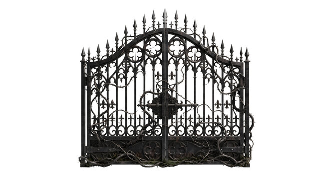 Gothic wrought iron gate overgrown with thorny vines