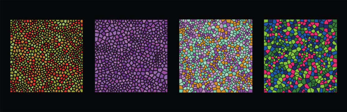 Set of four abstract geometric mosaic patterns with colorful triangle shapes and stained glass style textures for modern graphic design backgrounds Vector