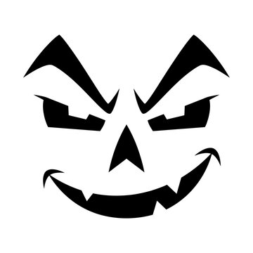 Halloween pumpkin face stencil, spooky jack-o-lantern carving template, evil grinning monster face vector illustration isolated on White Background