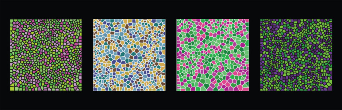 Set of four colorful mosaic patterns with abstract geometric shapes and stained glass style textures for modern creative design projects Vector