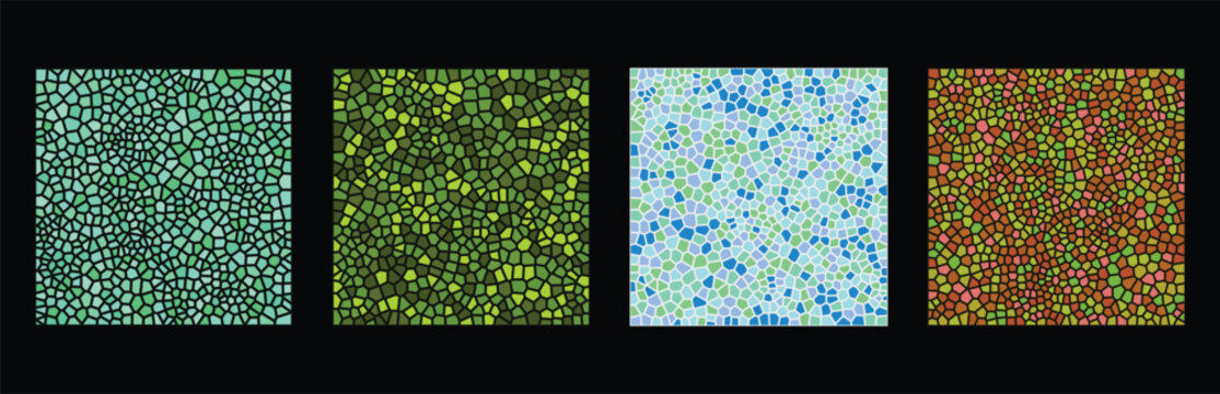 Abstract mosaic pattern set with colorful geometric shapes in green yellow blue and brown textures for artistic digital design backgrounds and creative graphic projects Vector