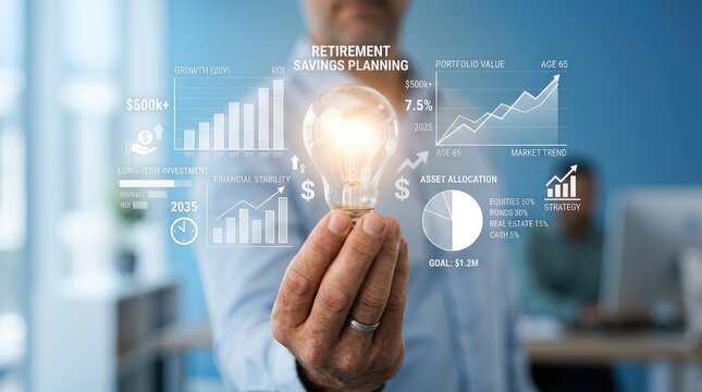 Professional holding glowing lightbulb amid retirement savings planning visuals with financial strategy elements modern office setting overlaid detailed retirement