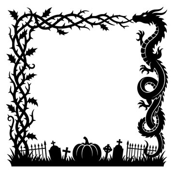 Gothic dragon frame with thorny vines, spooky halloween cemetery border, black silhouette mythical beast and graveyard vector isolated on White Background