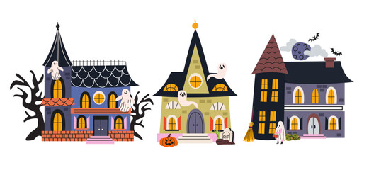 Fototapeta premium Spooky Halloween houses collection with ghosts, bats and pumpkins in cartoon groovy style. Cute haunted mansion vector illustration elements for autumn holiday design, stickers, badges