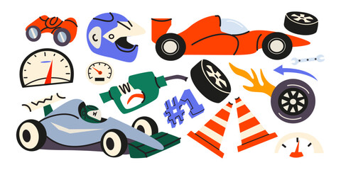 Obraz premium Motorsport and racing vector elements set in cartoon groovy style. Racing cars, driver helmet, speedometer, tires, fuel pump and checkered flags. Motorsport stickers collection