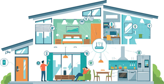 Smart Home Automation Cross Section Infographic with Intelligent Devices Internet of Things Network Icons and People Interacting in Modern House Vector