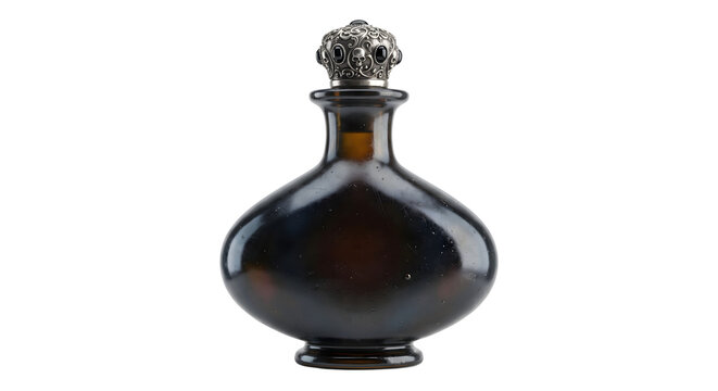 Dark vintage glass potion bottle with ornate skull cap