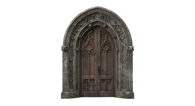 Ornate gothic stone archway with heavy wooden double doors
