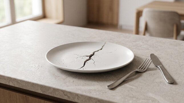 A cracked white plate with fork and knife on a kitchen counter symbolizing broken meal or failed expectations