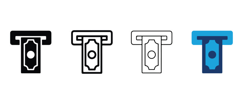 ATM cash dispenser icons in different color styles for financial and banking graphic design projects