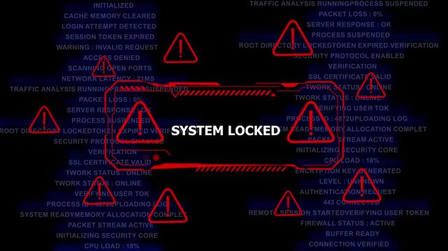 System locked digital security alert warning interface with red warning and cyber security data breach notification display for network protection and unauthorized access prevention concept