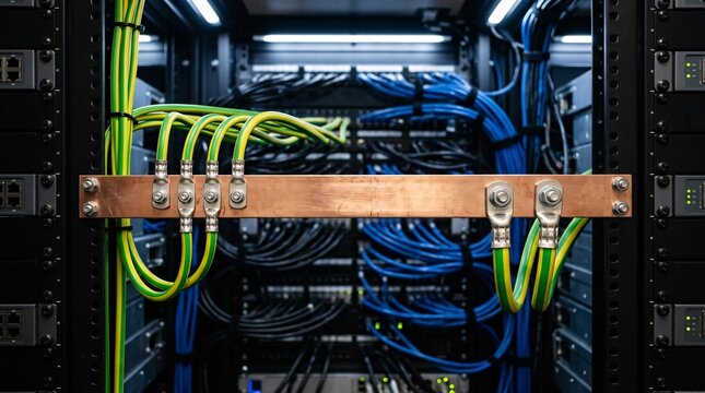 Close up of a copper electrical grounding busbar with heavy green and yellow cables inside a network server rack.