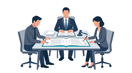 Obraz premium Business Meeting: Professionals signing contract at table with judge gavel and documents, isolated on transparent background