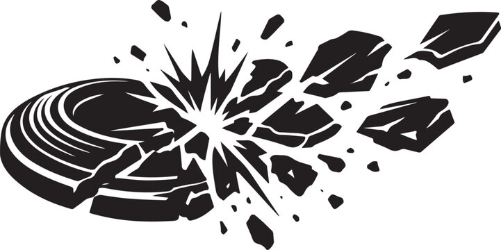 Clay target breaking into pieces after being hit, symbolizing skill, precision, and achievement in shooting sports silhouette vector