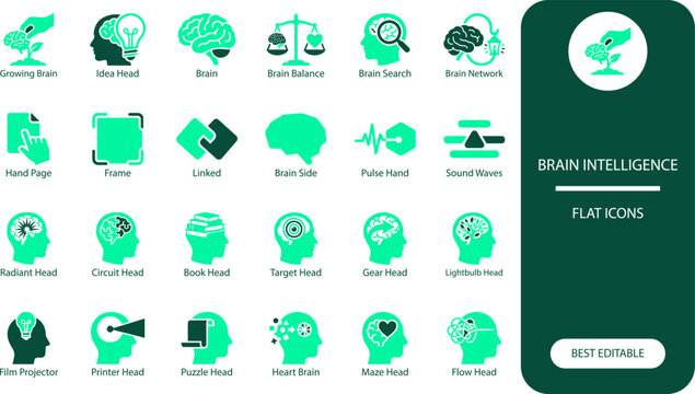 Brain intelligence icons set. Monochrome vector collection of mind, idea, creativity and thinking symbols for cognitive design