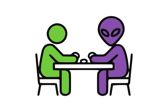 Cartoon alien and human sitting at a table in conversation