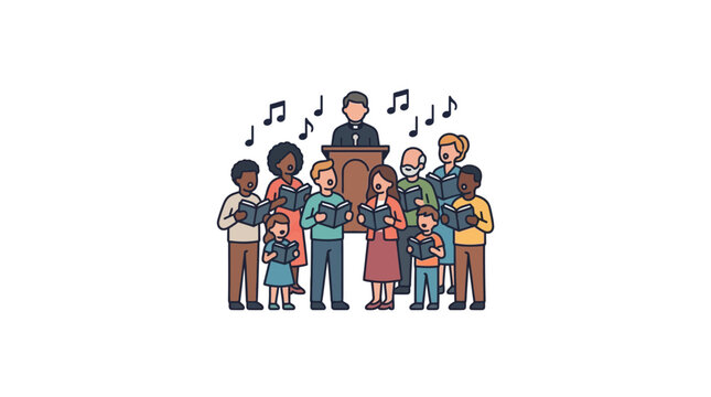 Diverse Choir Singing Worship Music with Leader at Podium, Isolated on Transparent Background