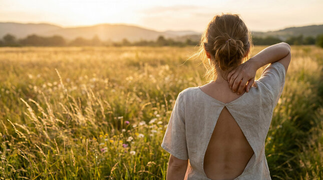 Young woman scratching her itchy neck due to seasonal allergy or insect bite while standing in a beautiful golden grass field during sunset experiencing painful skin irritation in nature.
