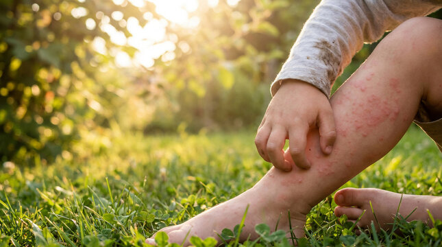 Child scratching itchy red rash on leg while sitting on green grass outdoors showing symptoms of allergic reaction contact dermatitis eczema insect bites or seasonal skin allergy irritation.