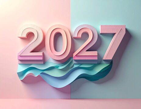 Creative 3D rendering of the year 2027 featuring pastel pink and blue abstract layers for celebratory calendar and event design