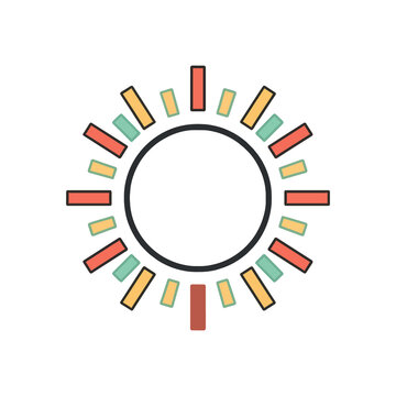 Geometric circular dial icon with colorful rays on gray